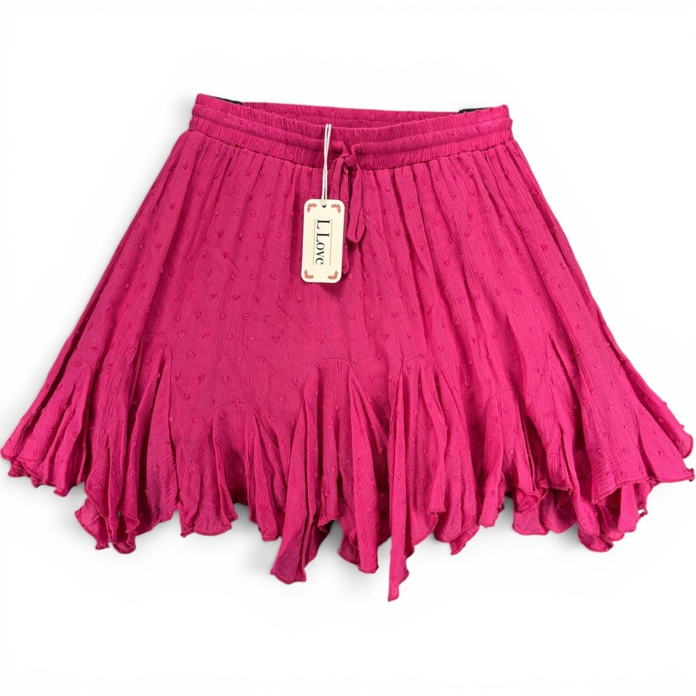 L Love Skirt Womens S NWT Fuchsia Swiss Dot Ruffle Fairycore Boho Mini Lined